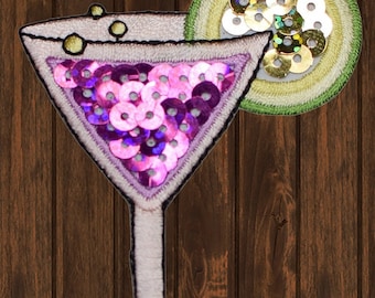 Toppa ricamata con paillettes a forma di cocktail, 6,7 cm, da applicare con il ferro da stiro, con motivo Martini e lime, spilla per bevande alcoliche, regalo per barman, decorazione per giacca da festa.