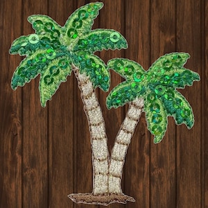 Sequin Palm Trees Embroidered Patch, 2.25&quot; Iron On Tropical Beach Applique, Sparkly Vacation Badge, Summer Jacket DIY Clothing Decor