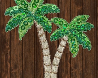 Sequin Palm Trees Embroidered Patch, 2.25" Iron On Tropical Beach Applique, Sparkly Vacation Badge, Summer Jacket DIY Clothing Decor