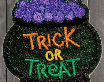 Trick or Treat Cauldron Iron On Patch, 1.63" Halloween Witch Potion Embroidered Applique for Jackets, Bags, Costume Badge Collectible