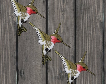 Mini toppa termoadesiva a forma di colibrì, 1,25" (3 pezzi), distintivo da applicare con uccello rosa e verde per giacche, zaini, regalo per gli amanti della natura, grazioso oggetto da collezione.