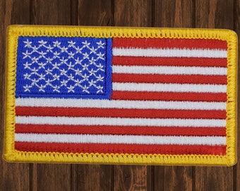 American Flag Embroidered Patch, Iron On USA Badge with Gold Outline, Patriotic Patch for Jackets, Backpacks, Hats, and Military Gear