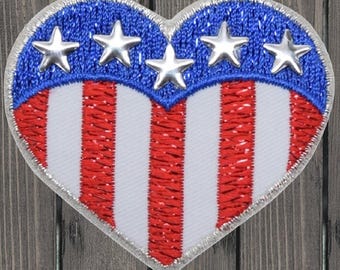 Stars and Stripes Heart Embroidered Patch, 2-3/8" Iron On USA Flag Applique Badge, Patriotic Jacket Backpack Hat Patch Gift