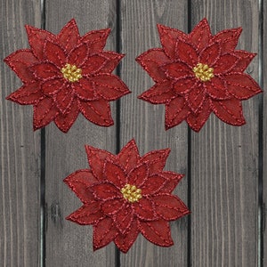 Poinsettia Iron On Patch 3 Pack, 1.75&quot; Embroidered Christmas Flower Applique for Jackets, Bags, Holiday Festive Badge Collectible Gift