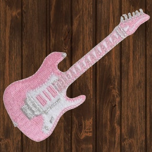 Electric Guitar Embroidered Patch 3.25&quot; Iron On, Pink Rock & Roll Applique, Blues Jazz Music Badge, Guitarist Jacket Patch, Music Lover Gift