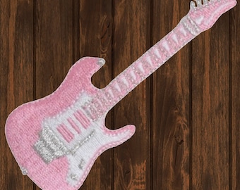 Geborduurde patch elektrische gitaar 3,25" opstrijkbaar, roze rock & roll-appliqué, bluesjazzmuziekbadge, patch gitarist jas, cadeau muziekliefhebber