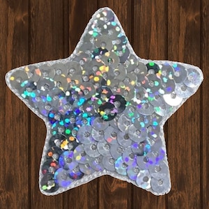 Sequin Star Embroidered Patch, 2&quot; Iron On Silver Applique Sparkly Star Badge for Jackets, Hats, Bags, Glam Costume Decor, Collectible Gift