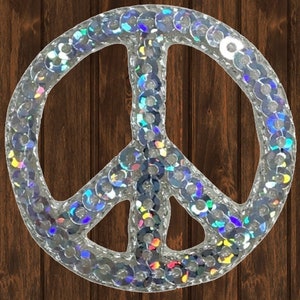 Peace Sign Embroidered Patch, 1.5&quot; Silver Sequin Hippie Applique, Iron On Peace Symbol Badge for Jacket, Backpack, Retro Festival Outfit