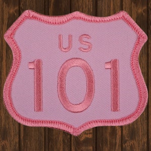 Highway 101 Embroidered Patch 2.875&quot; Iron On Pink California Oregon Washington Badge Applique for Jackets, Hats, Bags, Road Trip Gift