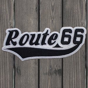 Route 66 Embroidered Patch, Iron On, Black and White Rt. 66 Highway Script Applique, Americana Patch for Jacket Bag Hat, 4-7/8&quot; Badge
