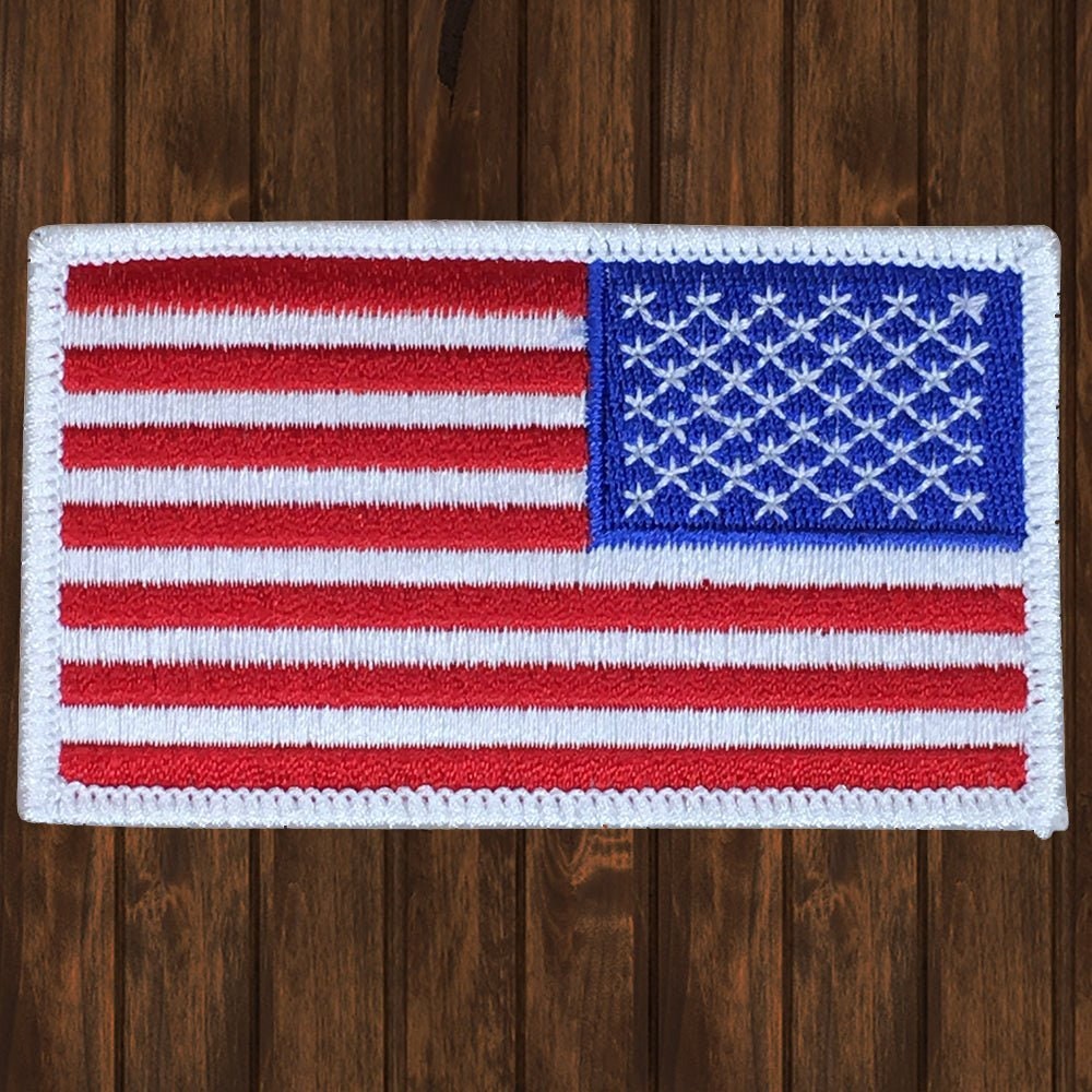 US American Flag Reversed Shoulder Patch Yellow Border. MADE IN THE USA 3.25 X 2
