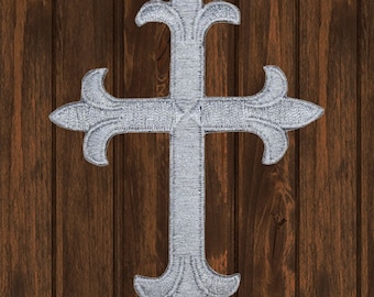 Parche bordado con cruz gris carbón, 10 cm, termoadhesivo, con la imagen de Jesús cristiano, ideal para chaquetas, bolsos, sombreros y como símbolo de fe coleccionable.