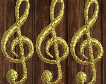 Parche termoadhesivo de clave de sol de 5,7 cm, dorado, con notas musicales y partituras (paquete de 3), para chaquetas, bolsos, sombreros, coleccionable, alta calidad.