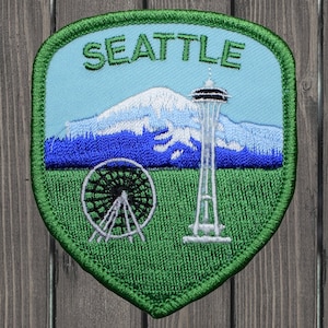 Seattle Iron On Patch 3&quot;, Embroidered Mount Rainier Washington State Applique Badge for Jackets, Bags, PNW Travel Gift, City Souvenir
