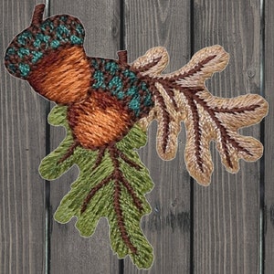 Acorn Embroidered Patch, 2&quot; Iron On Nature Applique with Nuts, Leaves, Oak Tree Design for Jackets, Backpacks, Autumn Crafts, Collectors
