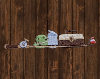 Fishing Pole Embroidered Patch, Iron On Tackle Box Applique, Fly Fishing Badge for Jackets, Backpacks, Hats, and Outdoor Gear