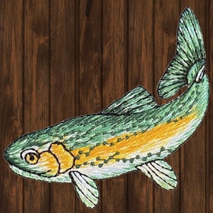 Natural Trout Embroidered Patch, Iron On, Green and Yellow Fish Applique, Fishing Gift Patch for Jacket Bag Hat, 2.75&quot; Angler Badge