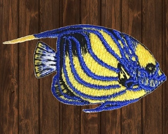 Blue-Ring Angelfish Embroidered Patch, Iron On Tropical Fish Badge 2.5”, Ocean Applique for Jackets, Backpacks, Hats, and DIY Crafts