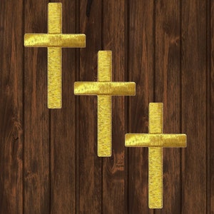 Large Gold Cross Iron On Patch 3-Pack, Christian Jesus Symbol Embroidered Applique Badge for Jackets, Hats, Bags, Faith Patch 3&quot;