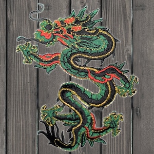 Large Green Dragon Embroidered Patch, 4.5&quot; Iron On Applique Badge Facing Left, Symbol of Power Strength Good Luck for Jackets Hats Bags