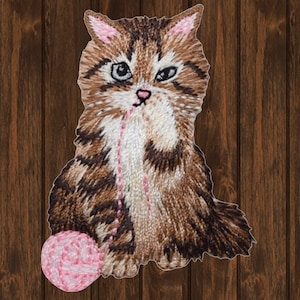 Kitty Cat Embroidered Patch, Iron On, Cat with Yarn Applique, Cute Feline Patch for Jacket Hat Bag, Collectible Animal Badge
