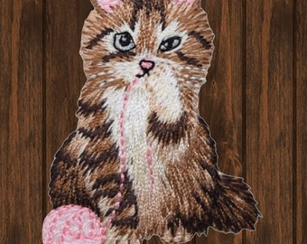 Kitty Cat Embroidered Patch, Iron On, Cat with Yarn Applique, Cute Feline Patch for Jacket Hat Bag, Collectible Animal Badge