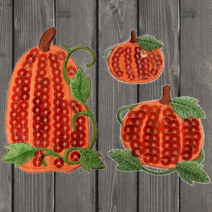 Juego de 3 parches bordados de calabaza con lentejuelas, insignias termoadhesivas para Halloween, de varios tamaños para chaquetas, bolsos, manualidades y decoración.