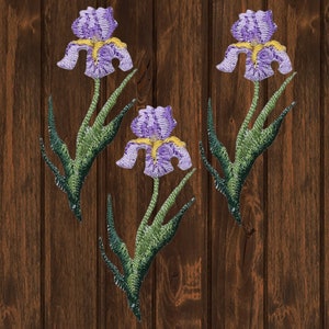 Mini Iris Embroidered Patch 2&quot; 3-Pack Iron On - Purple Flower Applique, Spring Bloom Badge, DIY Craft Patch, Floral Jacket Accessory