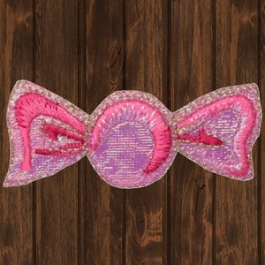 Pink Candy Iron On Patch, 2.5&quot; Embroidered Hard Sweet Treat Applique Badge with Shimmery Wrapper for Jackets, Bags, Kids Clothes, DIY