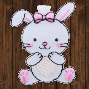 White Rabbit Embroidered Patch, 1.75" Iron On Baby Bunny Applique with Pink Bow for Jackets, Bags, Hats, Cute Collectible Patch
