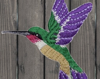 Écusson brodé colibri, appliqué oiseau violet et vert, badge nature thermocollant, accessoire de veste à personnaliser, cadeau pour amoureux des oiseaux, écusson floral tendance