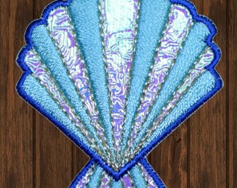 Seashell Embroidered Patch, Iron On, Shimmery Blue Ocean Applique, Sea Lover Gift, Coastal Patch for Jacket Bag Hat, 1-7/8" Shell Badge