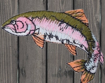 Toppa termoadesiva a forma di trota iridea, 2,125" ricamata, rivolta verso sinistra, per giacche, borse da pesca, attrezzatura da esterno, regalo per collezionisti di natura