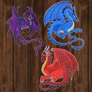 Fantasy Dragon Embroidered Patch Set 3-Pack, Iron On Applique Badges Symbolizing Luck, Power, Strength for Jackets, Bags, Cosplay Decor