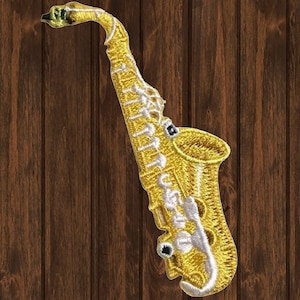Parche termoadhesivo de saxofón, insignia bordada de instrumento de viento metal para amantes de la música, uniformes de banda, chaquetas, gorras y bolsos. Parche de 8,25 cm.