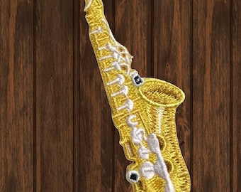 Saxophone Iron On Patch, Brass Instrument Embroidered Applique Badge for Music Lovers, Band Uniforms, Jackets, Hats, Bags, Patch 3.25"