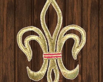 Extra Large Fleur De Lis Iron On Patch, Metallic Gold Cross Embroidered Applique Badge for Jackets, Hats, Bags, French Symbol Patch 5"