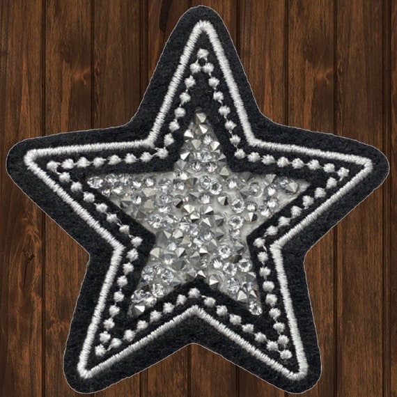 Crushed Crystal Star Embroidered Patch, Black White Silver 2-7/8" (Iron On), Star Applique Badge, Cosmic Glitter Patch, Celestial Fashion