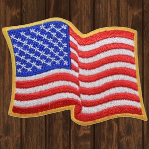 American Flag Embroidered Patch, Iron-On Wavy Gold USA Applique, Patriotic Badge for Jackets, Backpacks, Hats and Military Gear
