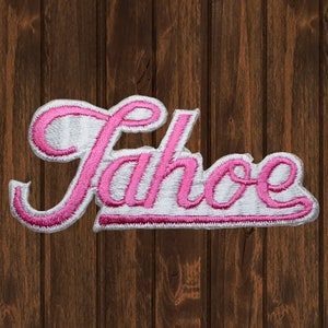 Vintage Lake Tahoe Embroidered Patch, Iron On, Pink and White California Nevada Applique, Travel Patch for Jacket Bag Hat, 3-7/8&quot; Badge