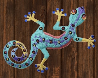 Toppa ricamata a forma di geco, applicazione termoadesiva a forma di lucertola colorata, distintivo per amanti dei rettili, per giacche, zaini, cappelli e moda fai da te.
