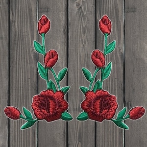 Rote Rose Aufnäher Set 2-Pack, gestickte Blume Blüte Applikation Abzeichen für Jacken, Taschen, Hüte, Kleidung, eleganter Aufnäher 6,5 cm