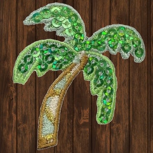 Small sequin palm tree embroidered patch, tropical beach iron on applique, sparkly summer badge, DIY jacket accessory, beach lover gift