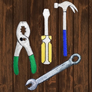 Tool Iron On Patch Set, Hammer Pliers Wrench Screwdriver Embroidered Applique Badge for Jackets Hats Bags Crafts Gift 4 Pack Patch