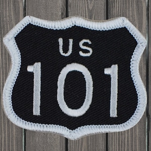 Highway 101 Embroidered Patch, 2.38&quot; Iron On White Black California Oregon Washington Badge for Jackets, Backpacks, Road Trip, Travel Gear
