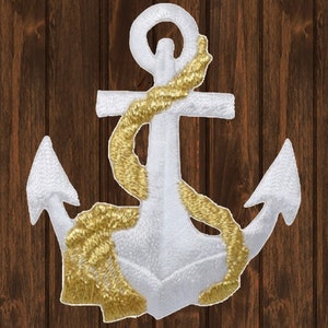 Anchor & Rope Embroidered Patch, 2.5&quot; Iron On Nautical Applique, Gold and White Sailor Badge, DIY Marine Coastal Jacket or Bag Decor