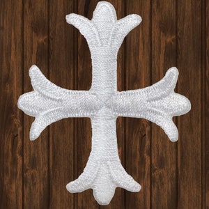 White Patonce Fleury Cross Iron On Patch, 2&quot; Embroidered Christian Jesus Badge Applique for Jackets, Bags, Faith Decor, Religious Gifts