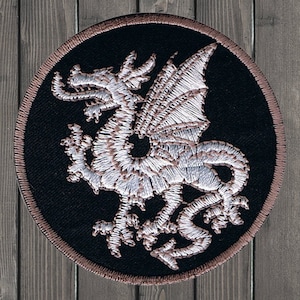 White Dragon Iron On Patch 2.75&quot;, Embroidered Good Luck Applique Badge Symbolising Power and Strength for Jackets, Bags, Fantasy Gift