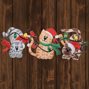 Large Christmas Cats Iron On Patch 5.875&quot;, Embroidered Holiday Kittens Applique with Santa Hats and Lights for Jackets, Bags, Xmas Gift