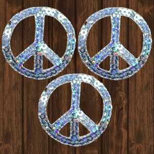 Silver Peace Sign Embroidered Patch Set, 1.5&quot; Iron On Sequin Hippie Applique Badge, 3-Pack Symbol of Peace for Jackets Bags Hats